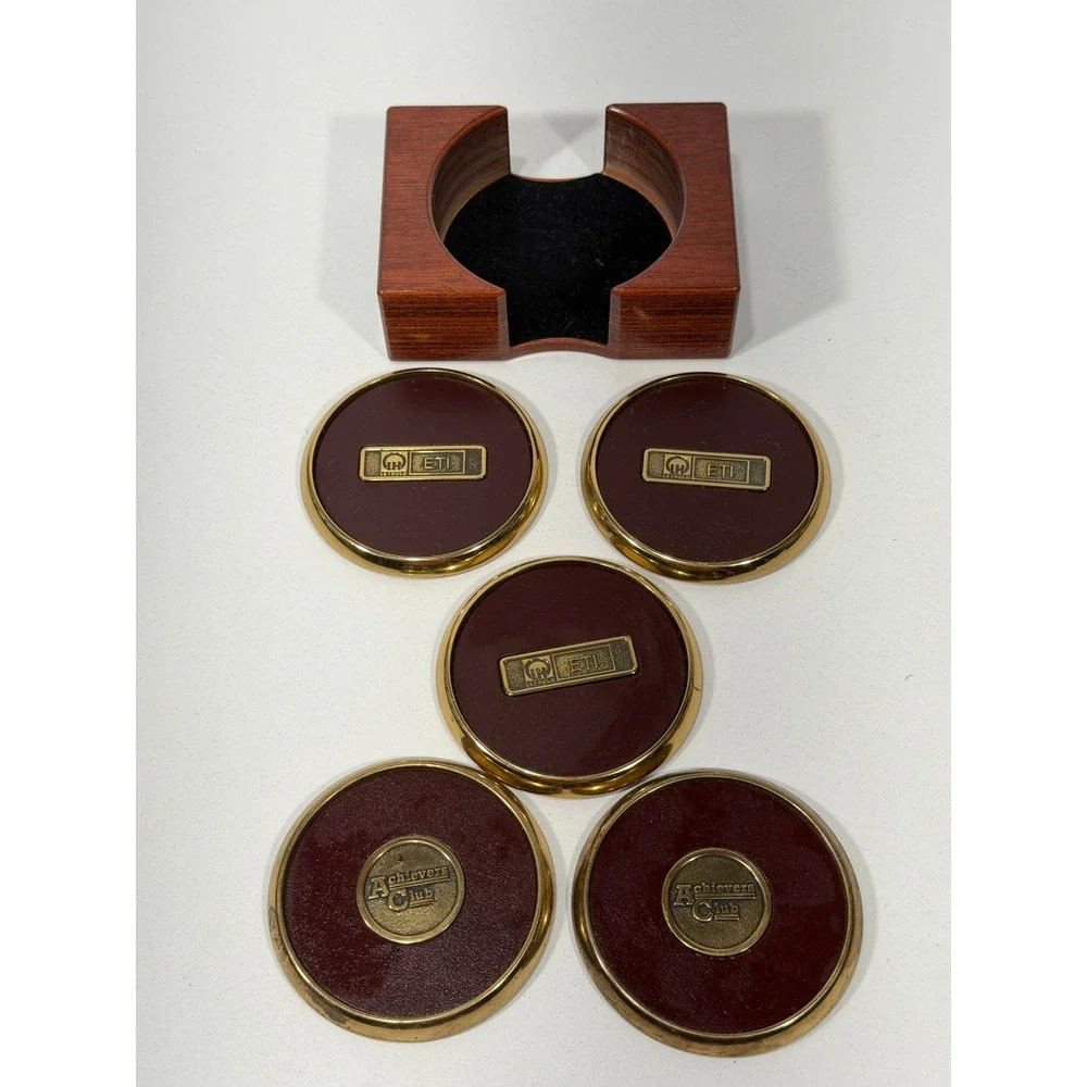 Vintage Leybold ETI Achievers Club Coaster Set with‎ Wood Holder Burgundy Gold